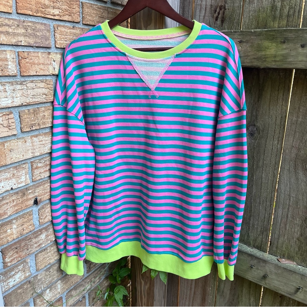 Striped Crewneck Sweatshirt in Teal & Pink with Neon Trim